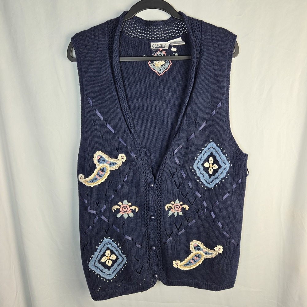Vtg Capacity Sweater Vest Navy Floral Paisley‎ Hand Embroidered Large Grannycore
